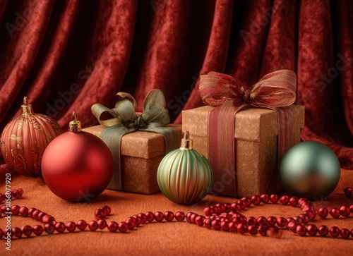 christmas gift boxes with red and green ornaments on velvet background