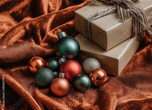 christmas gift boxes with red and green ornaments on velvet background