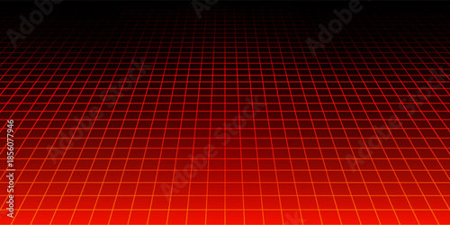 Red glowing neon wireframe background. Shining diagonal checkered grid planes in perspective. Retro futuristic depth wallpaper. Arcade game sci fi matrix surface backdrop for poster, banner. Vector