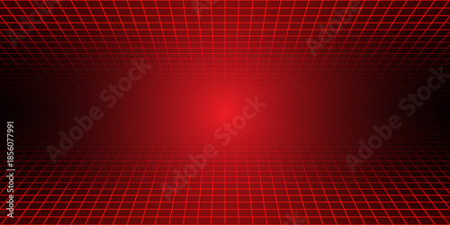 Red glowing neon wireframe background. Shining diagonal checkered grid planes in perspective. Retro futuristic depth wallpaper. Arcade game sci fi matrix surface backdrop for poster, banner. Vector