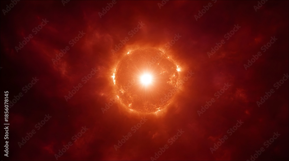Fototapeta premium A vibrant red sun like star glows intensely radiating heat and light against a dark cosmic backdrop with swirling nebulae