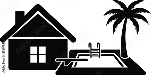 Black and white illustration of a house with a swimming pool and palm tree