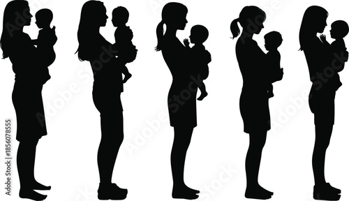 Silhouettes of adults gently holding babies close to their chest, symbolizing nurturing love and parent-child bonding in minimalist vector style