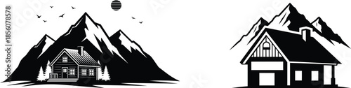 Black and white illustration of two mountain cabins with peaks