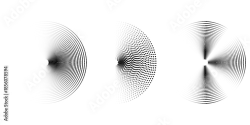 Dotted and linear sound wave signal set. Radial radio and music audio icon collection. Rippled radar vibration element sign bundle. Black curved impulse lines pack. Echo soundwave symbols. Vector