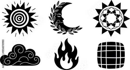 Vector set of black sun moon fire cloud symbols with circular and geometric designs 