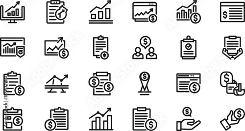 Black and white line icons of business and finance isolated on transparent background