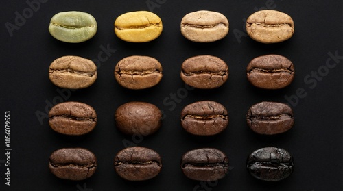 Professional coffee bean roast levels gradient from green to dark on black background