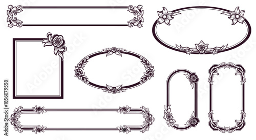 Collection of ornate vintage frames in dark purple color featuring floral elements and different shapes like oval rectangle and banner for design.