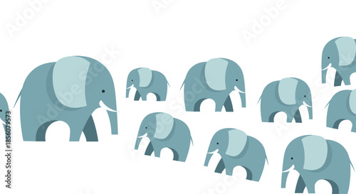 Group of stylized blue elephants of different sizes walking in a line across a white background representing a family or team in nature.