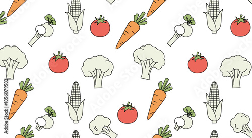 Colorful seamless pattern of diverse vegetables including carrots tomatoes corn and cauliflower with green accents on a white background for food.