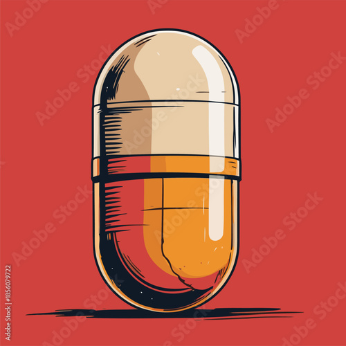 Illustration of a pill medicine, drawn in a bold American comic