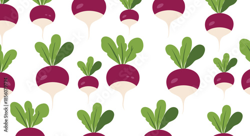 Charming seamless pattern of fresh purple radishes with vibrant green leafy tops arranged on a clean white background.