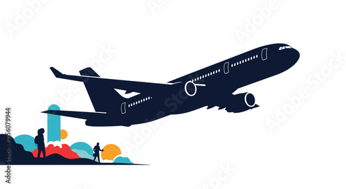 Dramatic silhouette of a large passenger airplane taking off against a white sky above tiny colorful silhouettes of people.