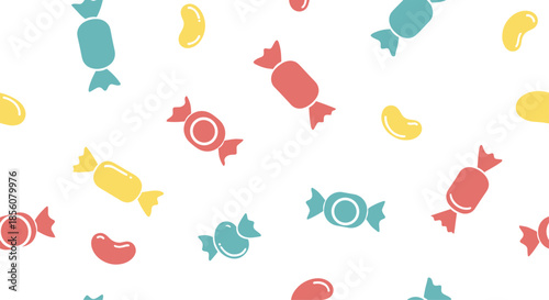 Sweet and playful seamless pattern of colorful candies including wrapped treats and jelly beans on a white background.