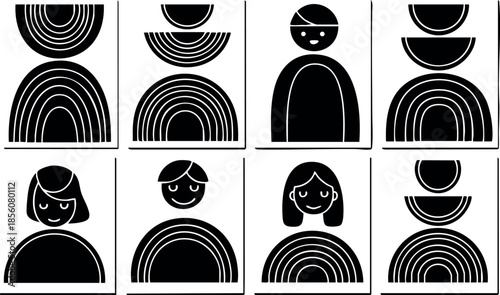 Abstract black and white geometric faces vector illustration with minimalist design elements 