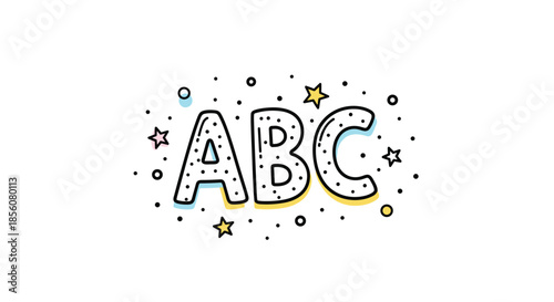 Playful graphic featuring the letters A B and C in a decorative bubble font surrounded by colorful stars and dots.