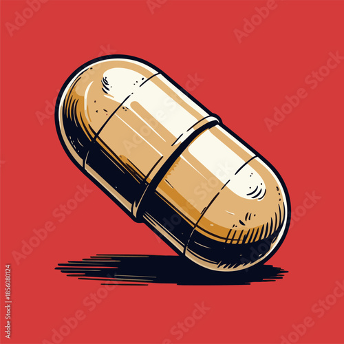 Illustration of a pill medicine, drawn in a bold American comic