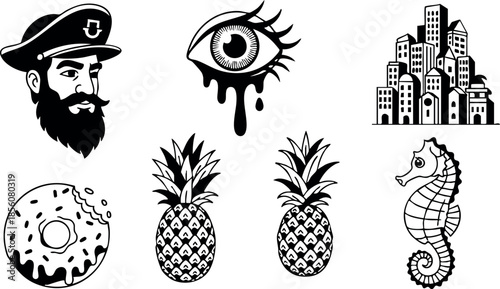Black and white nautical captain eye city donut pineapple seahorse vector illustration 