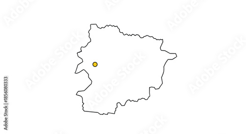Simple black and white map outline of a region featuring a yellow circular pin indicating a specific location or capital.