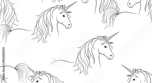 Whimsical seamless pattern of majestic unicorn heads with flowing manes and spiraled horns in black line art on white.