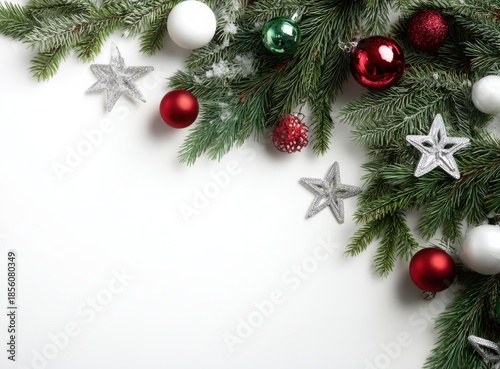 christmas frame with fir branches red baubles and white copy space