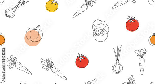 Playful seamless pattern of garden vegetables like tomatoes and carrots with artistic color blobs on a white background.