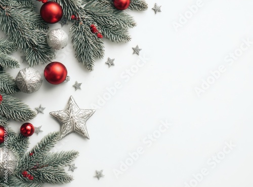 christmas frame with fir branches red baubles and white copy space