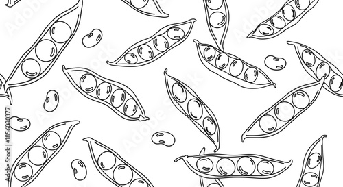 Hand drawn seamless outline pattern featuring scattered pea pods and small round peas in a simple doodle style on a clean white background.