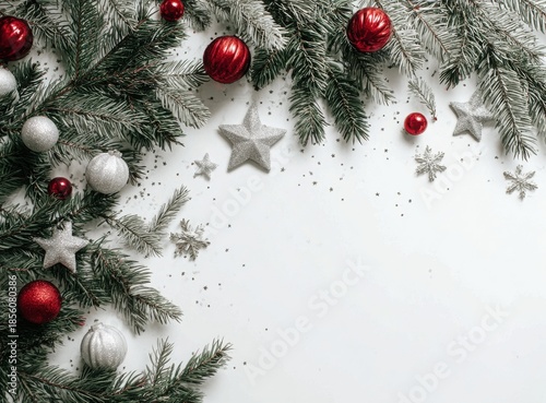 christmas frame with fir branches red baubles and white copy space