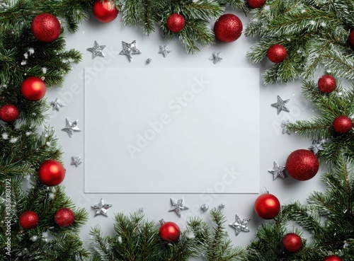 christmas frame with fir branches red baubles and white copy space