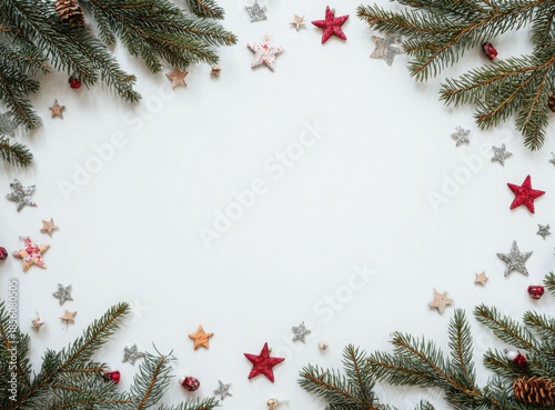 christmas frame with fir branches red baubles and white copy space