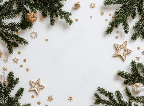 christmas frame with fir branches red baubles and white copy space