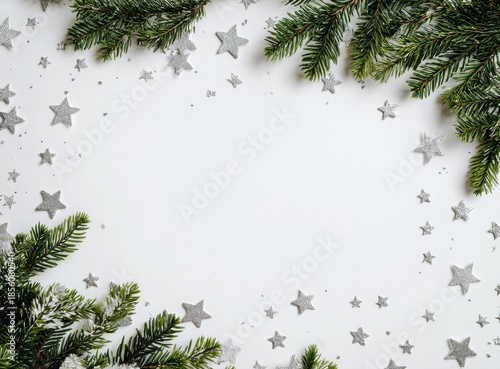 christmas frame with fir branches red baubles and white copy space