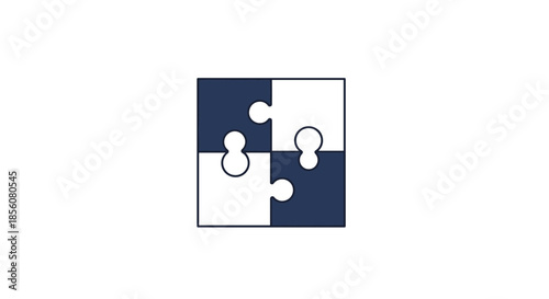 Simple icon showing four jigsaw puzzle pieces in navy blue and white colors fitting together to form a square shape on a white background.