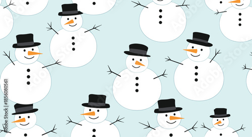 Cute winter pattern of snowmen with black top hats and orange carrot noses scattered on a light blue background for holiday decorations.