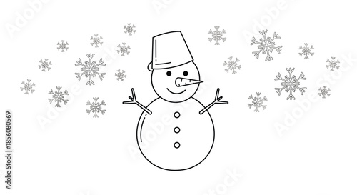 Outline drawing of a happy snowman with a bucket hat and carrot nose surrounded by delicate snowflakes on a clean white background.