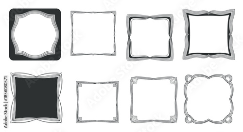 Set of eight decorative square frames with ornate and wavy black borders on a white background for elegant photo and art display projects.