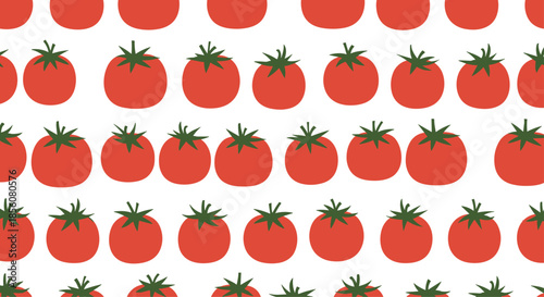 Repeating food pattern of fresh red tomatoes with green stems arranged in neat rows on a clean white background for vegetable designs.