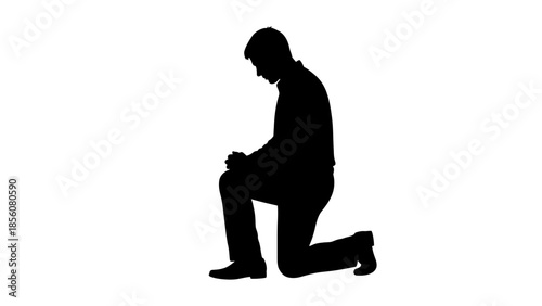 Silhouette of a man kneeling in contemplation on a white background, evoking feelings of serenity and spirituality.