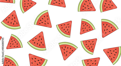 Delicious summer fruit pattern of watermelon slices with black seeds on a clean white background for food and vacation themes.