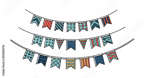 Festive illustration of three rows of colorful bunting flags with various patterns for party celebration and holiday event decorations.