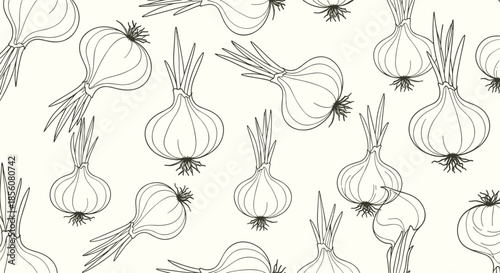 Elegant seamless vegetable pattern featuring detailed outline drawings of whole onions with green sprouts on a light cream background.