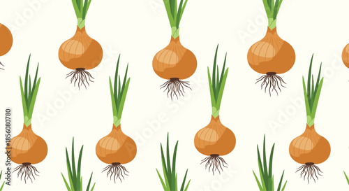 Bold and fresh seamless vegetable pattern of whole onions with long green stalks on a light background for food and kitchen decoration.