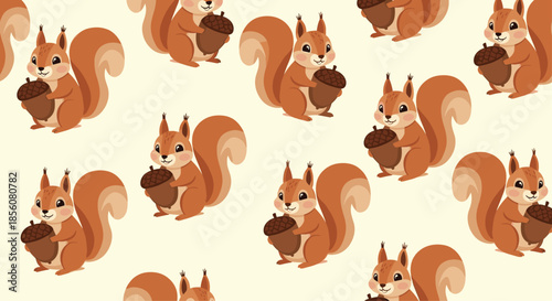 Adorable seamless animal pattern of fluffy squirrels holding acorns on a light cream background for autumn nature and woodland themes.