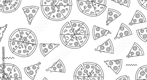 Hand drawn seamless pattern of delicious pizzas and individual slices with various toppings in black outline style over a plain white background.