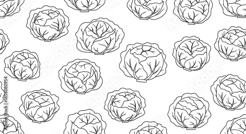 Detailed black outline illustrations of fresh cabbages in a seamless repeating pattern suitable for kitchen decor or healthy food themes on white.