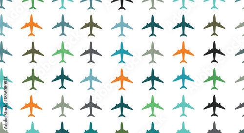 Large group of colorful airplane silhouettes arranged in a neat grid pattern against a white background representing global travel and aviation.