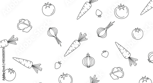 Fun and whimsical pattern of various vegetable outlines including carrots tomatoes onions and cabbages scattered randomly on a white background.