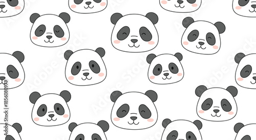 Cute seamless pattern of adorable panda bear faces with rosy cheeks and various expressions on a white background for nursery or children decor.